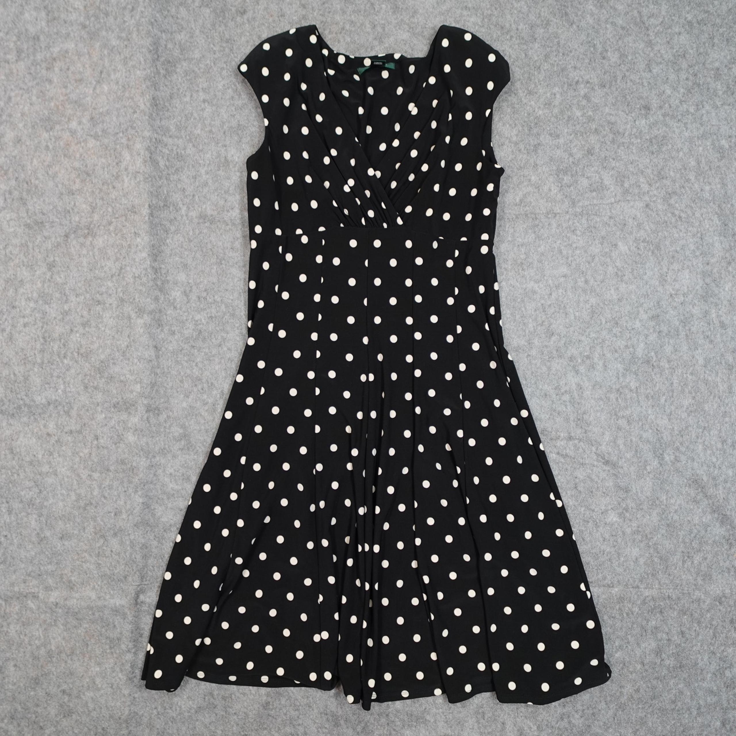 Ralph Lauren Dress Womens 10 Jersey ALine Knee Length Polka Dot Flare V-Neck