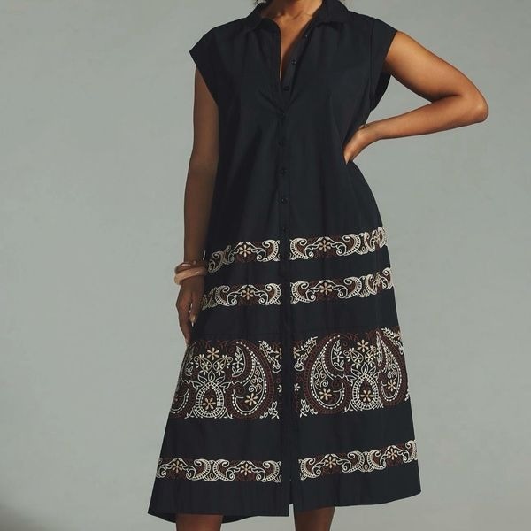 By Anthropologie Cap-Sleeve Shirt Dress L
