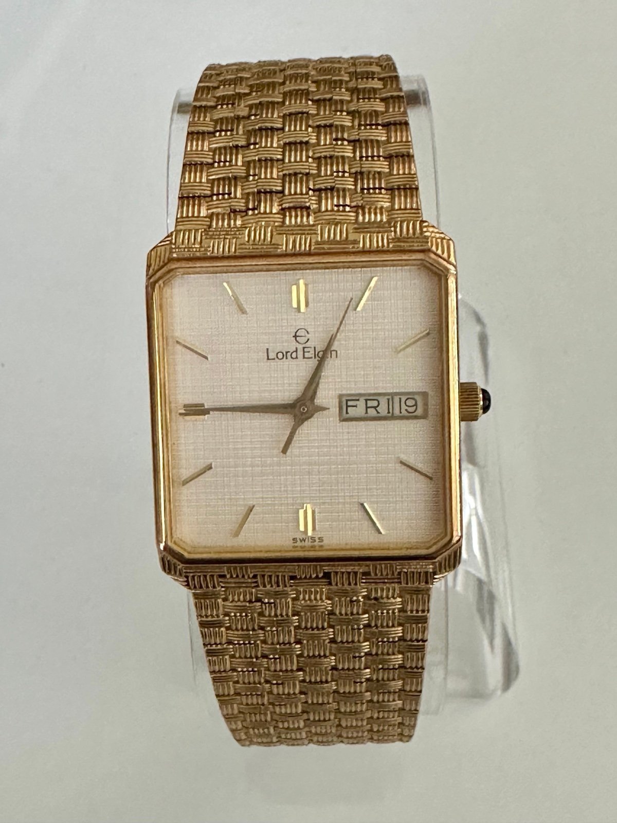 Vintage Lord Elgin Watch men Gold Tone Gold Dial Square New Battery
