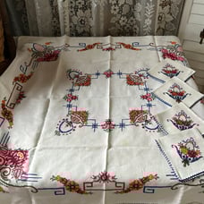 Vintage hand stitched floral embroidered tablecloth and napkins