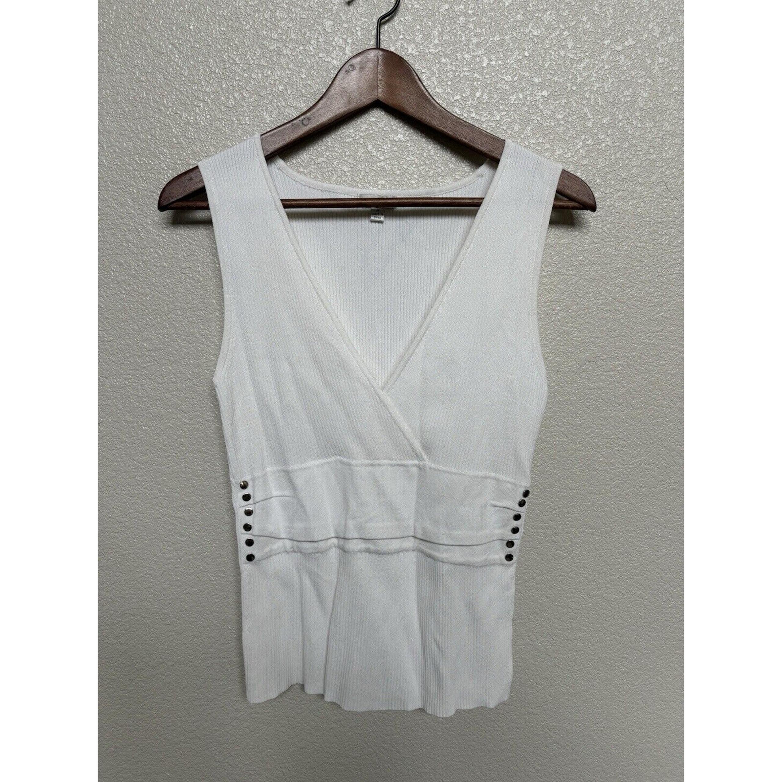 Cache 90s style white knit sleeveless top vneck stud cinched womens M classic
