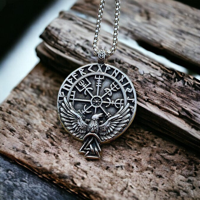 Stainless Steel Vegvisir Raven Runes Crow Necklace 30 Heavy Raven Chain