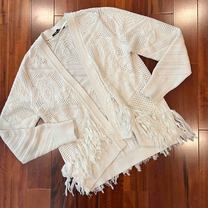 Kobi Halperin White Cardigan Sweater Cashmere Knit Long Sleeve Fringe Open Sz XS