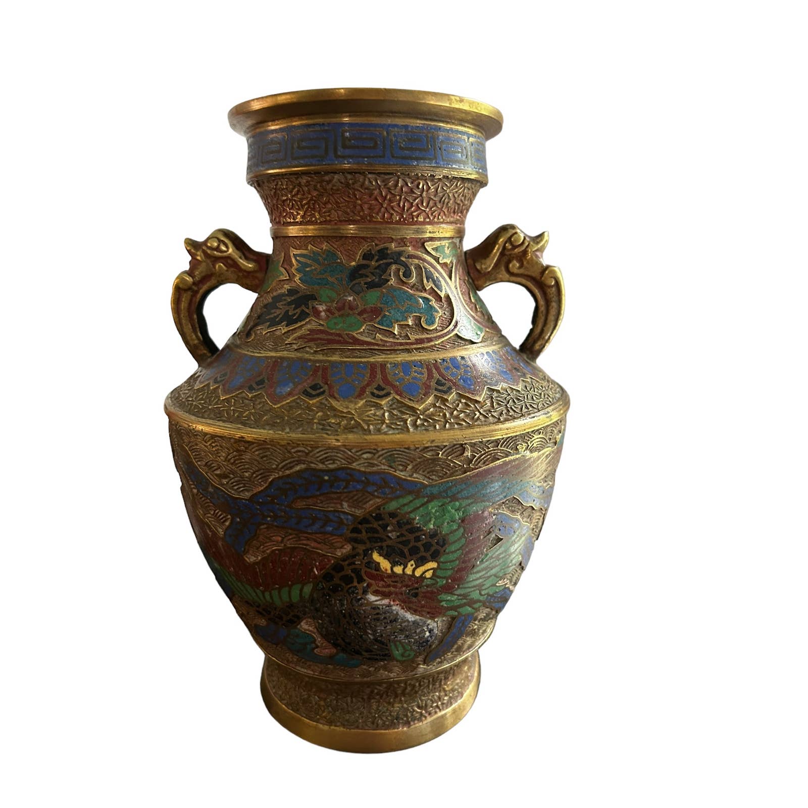 Vintage Japanese 10 Champlevé Enamel vase dragon serpent handles brass