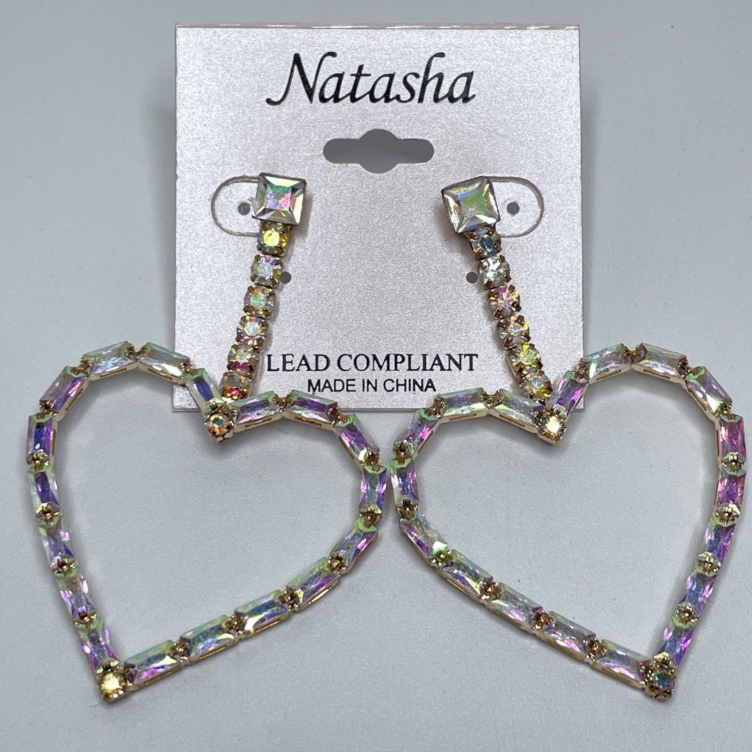 Natasha Couture Gold Tone Baguette AB Crystal Rhinestone Heart Earrings Dangles