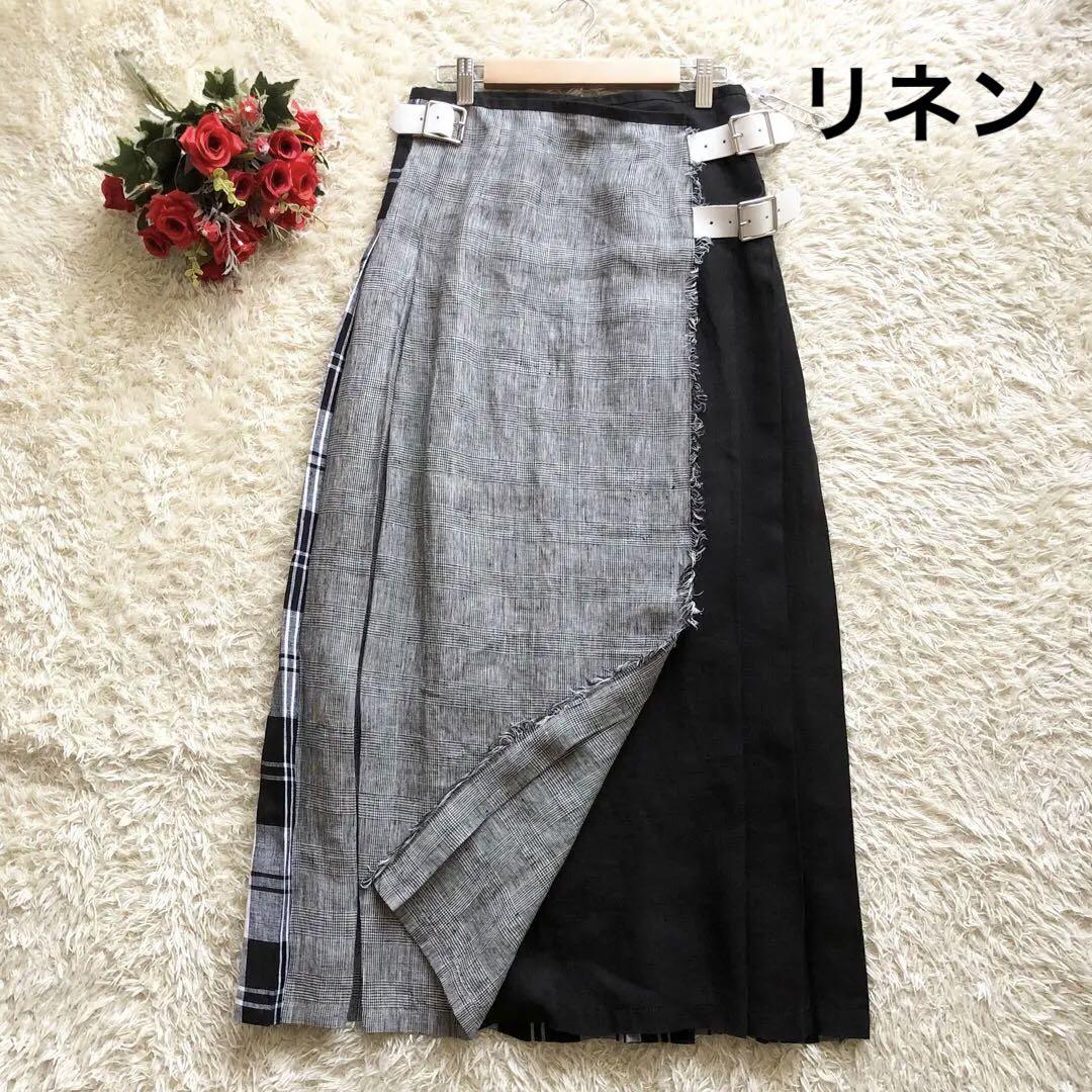 O'Neil of Dublin♪ Long Pleated Wrap Skirt with Houndstooth Check Switching