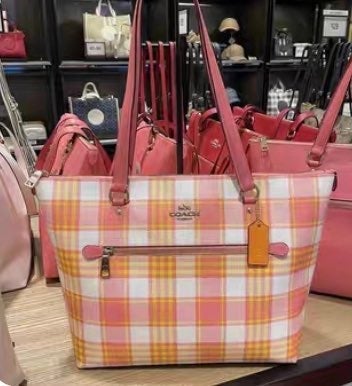 Coach Gallery Leather Tote with Garden Plaid Print - Gold/Taffy Multi