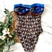 Vintage Malizia La Perla Royal Blue & Brown Strapless One-Piece Swimsuit, sz 42