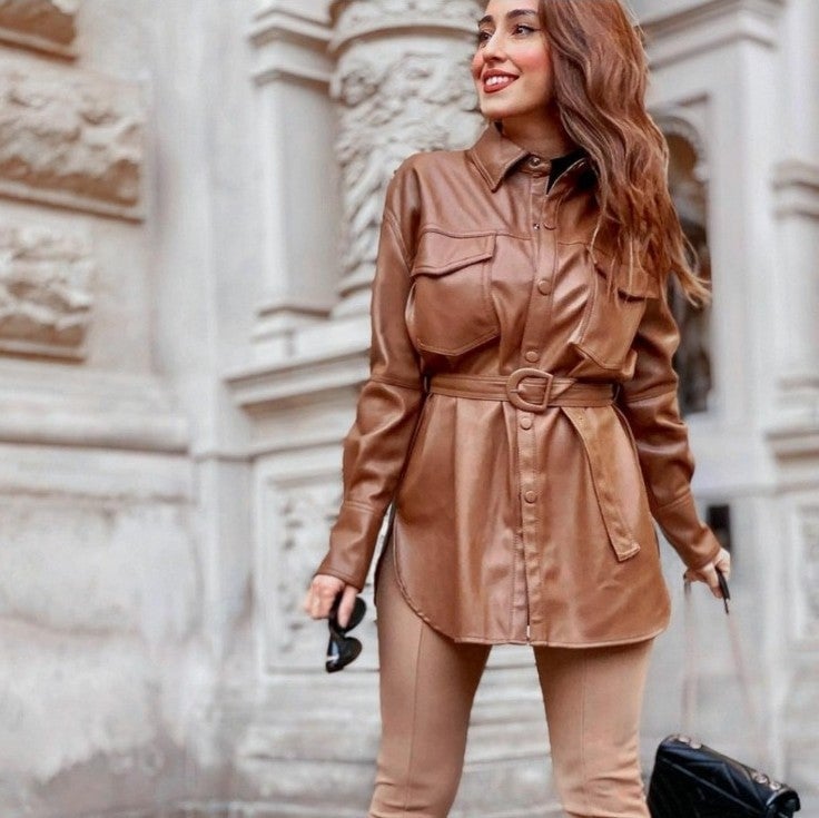 ZARA NWT Sz 2XL Cognac Belted Faux Leather Shirt Dress Jacket NEW BLOGGER'S FAV