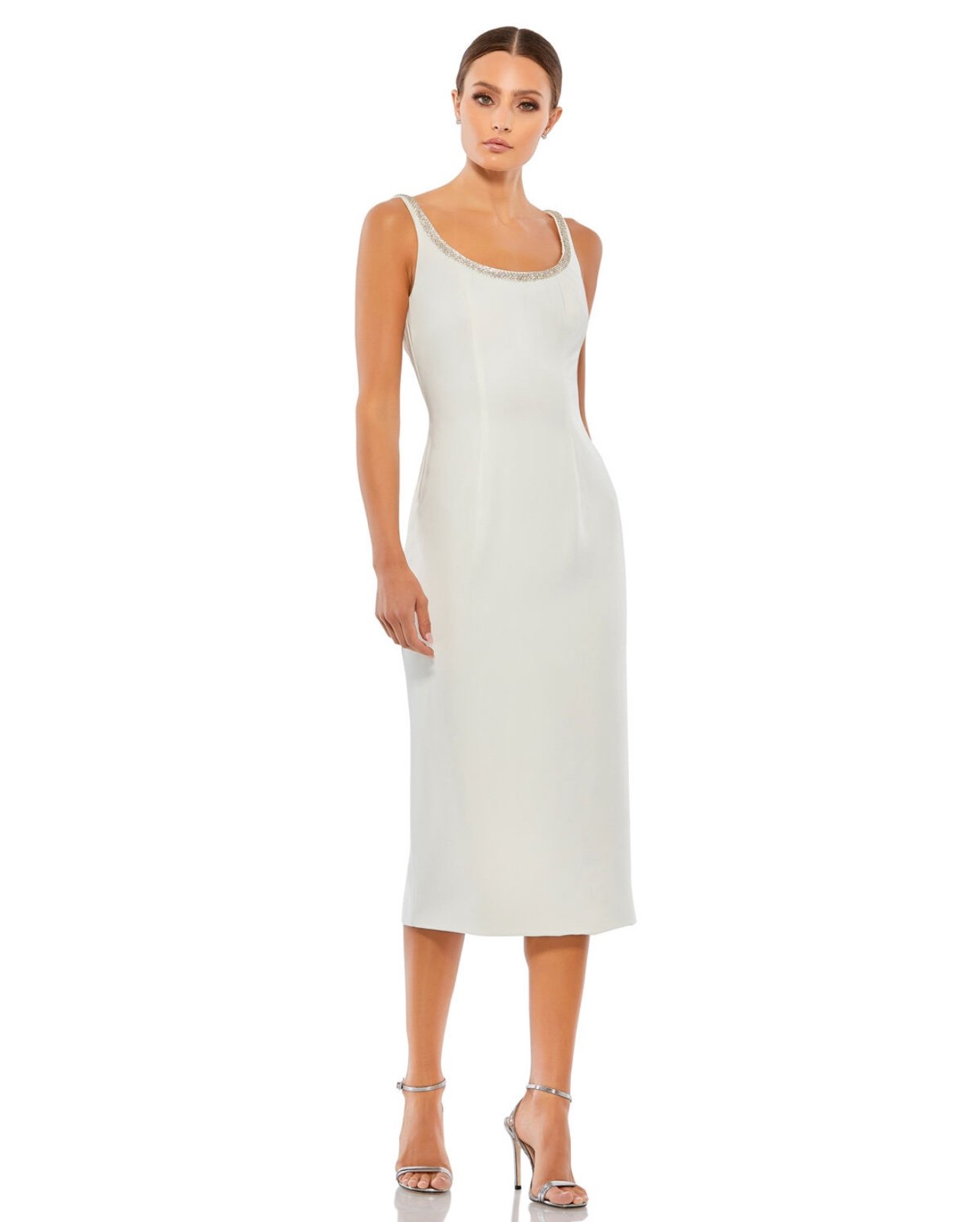 Ieena for Mac Duggal Jeweled Scoop Neck Sleeveless Midi Dress 8 Ivory #26681