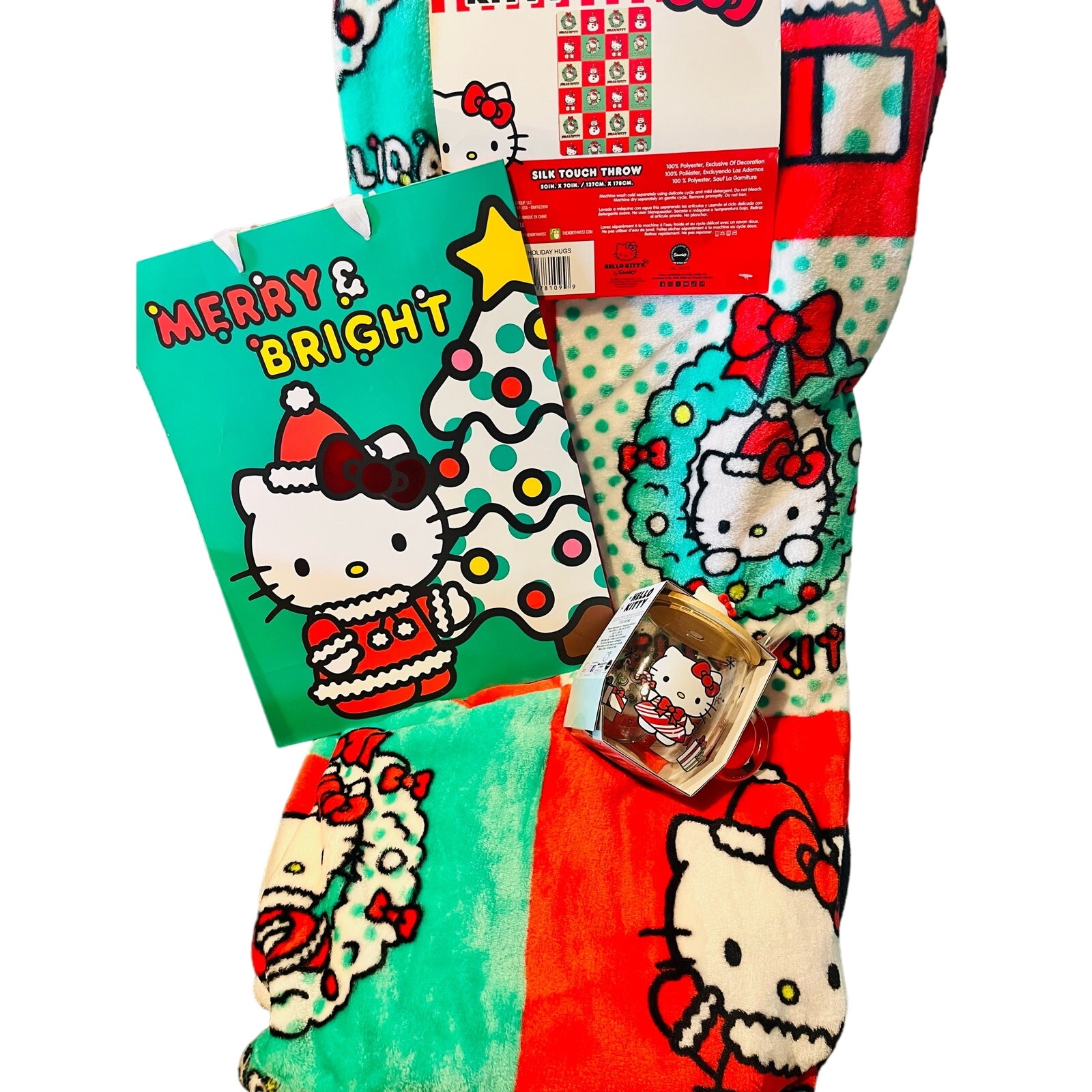 Hello Kitty Christmas Holiday Hugs bundle throw glass & spoon mug and 3 pack gft