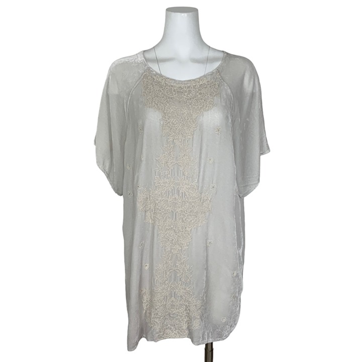 Johnny Was Velvet Tunic Top S Cream Embroidered Short Sleeve Oversized Bohemian