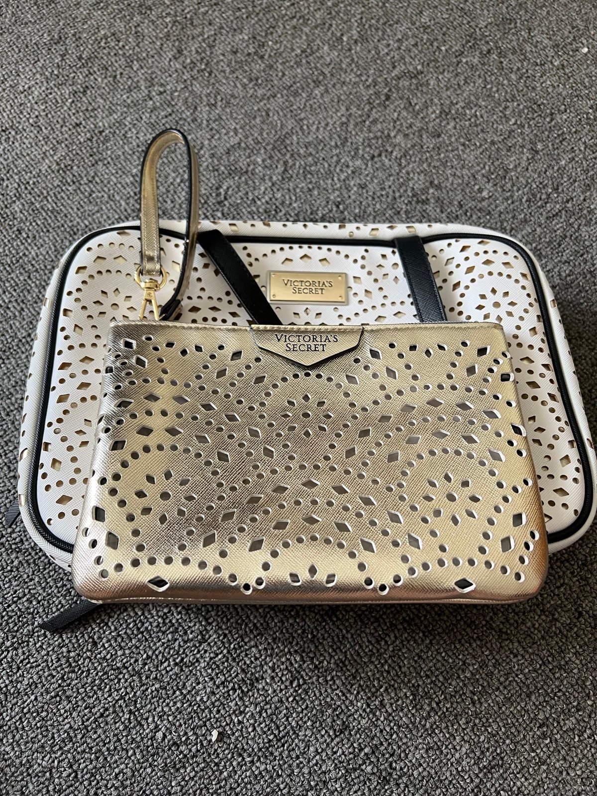 Victoria's Secret gold white makeup bag and wristlet