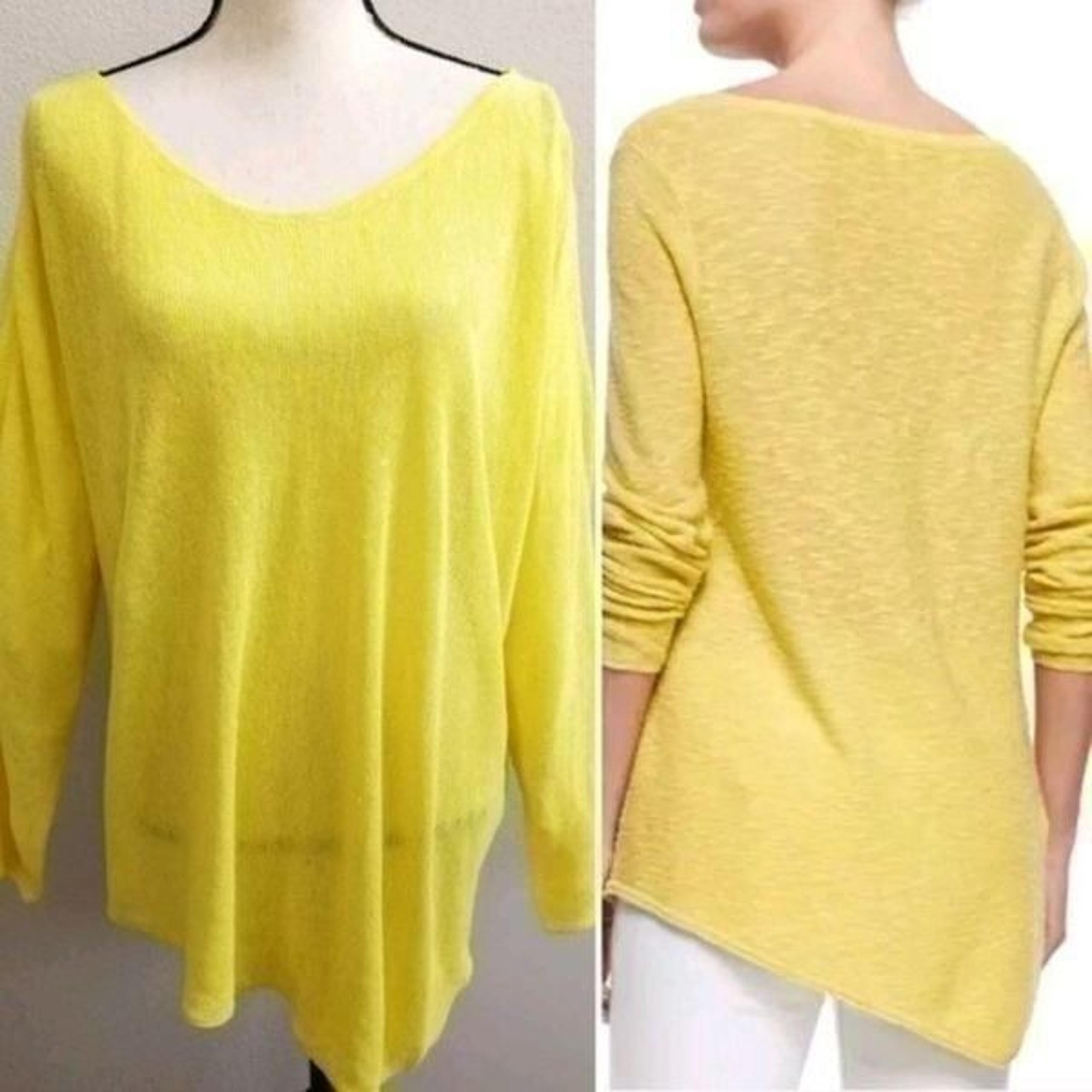 Eileen Fisher 100% Linen Sweater Melage Links V Neck Pullover asymmetrical yello