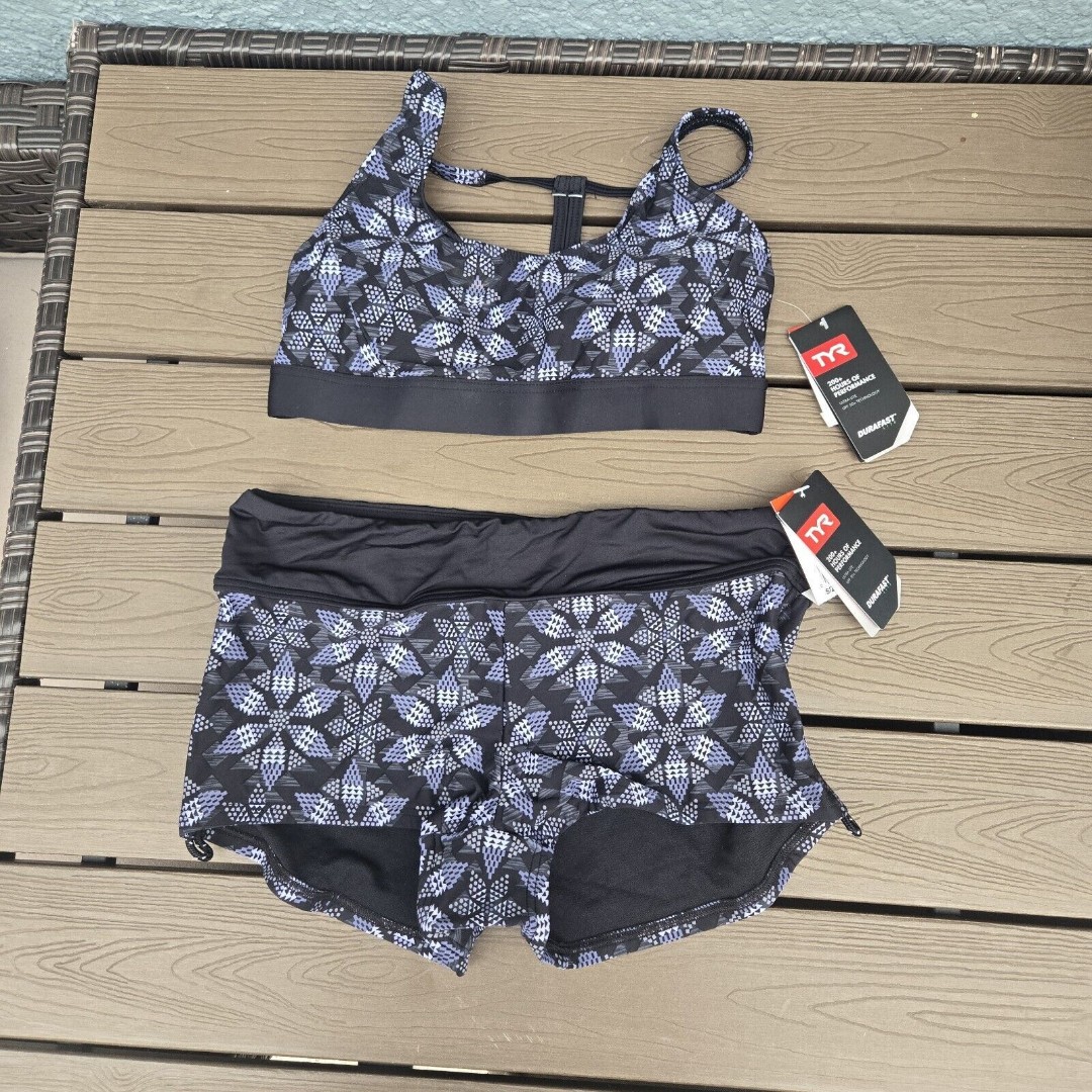 TYR Women's Durafast Black/grey Edessa Harlow Top With Boy Shorts Sz S NEW
