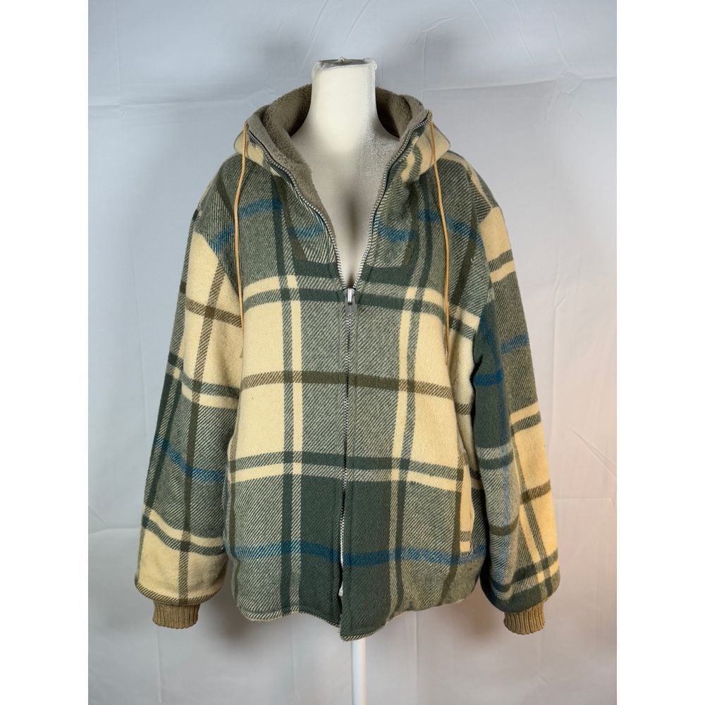 Vintage WOOLRICH Full Zip Hooded Jacket Mens 42 Cream Buffalo Plaid Wool 50s 60s