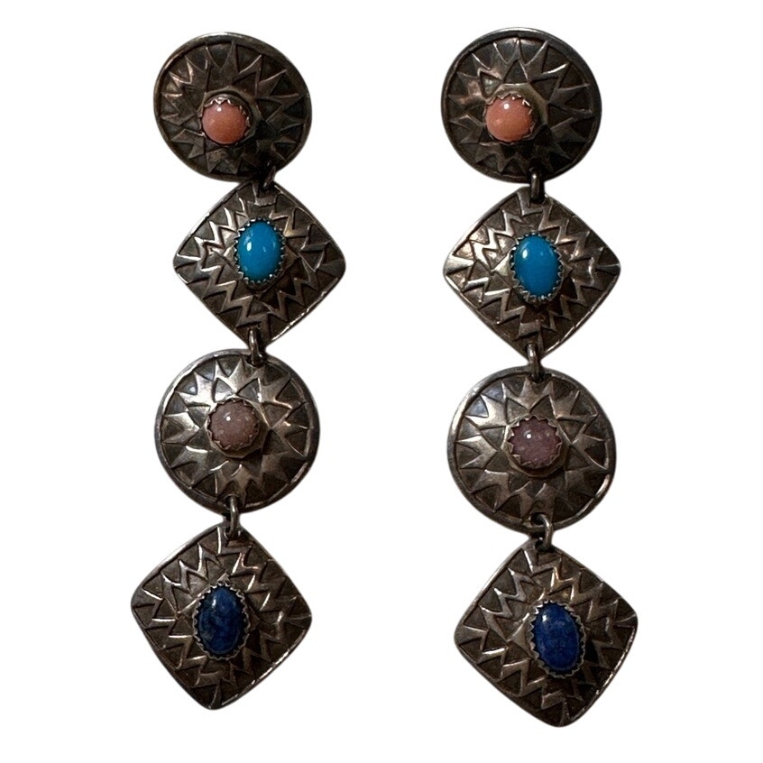 Multi Gemstone Earrings Silver Southwestern Dangle Pierced
