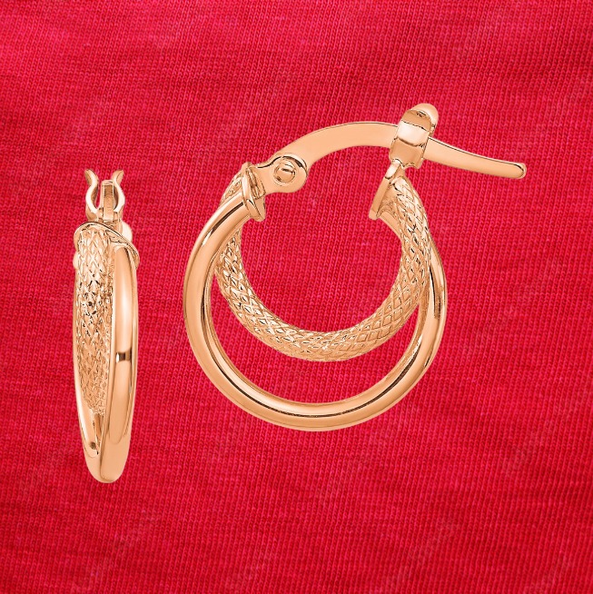 14K Rose Gold Polished Diamond-cut Hinged Hoop Earrings