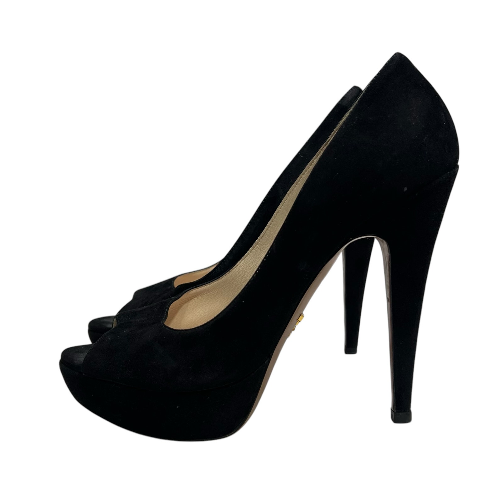 Prada Camoscio Chic Peep Toe Black Suede Platform Heels - 7.5 US / 38