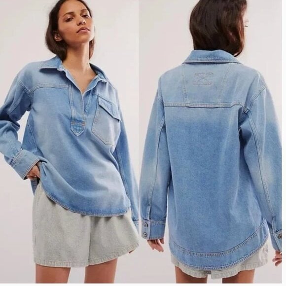 NWOT We The Free Leah Denim Pullover Jacket Blue Oversized XS