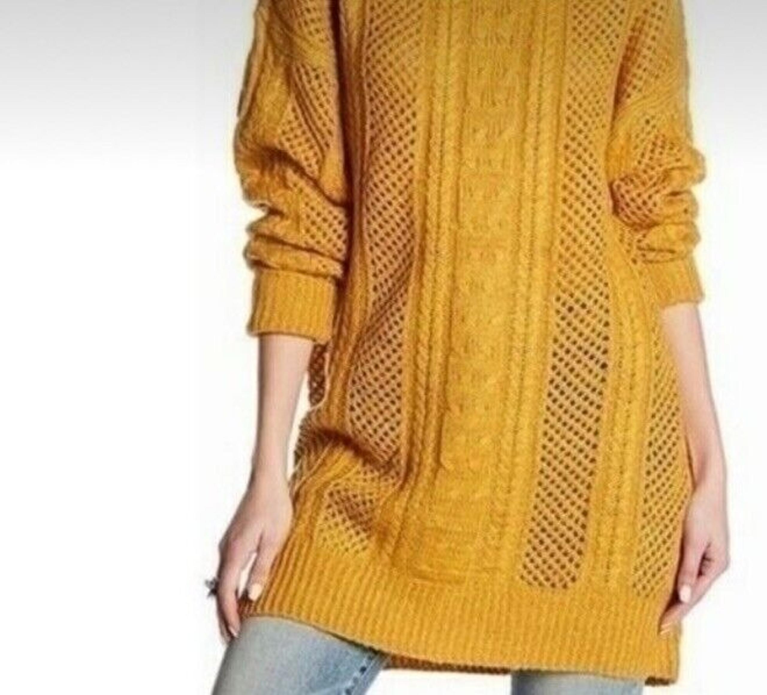 John + Jenn Yellow Open Knit Long Sweater Acrylic Size Medium Crewneck Women’s