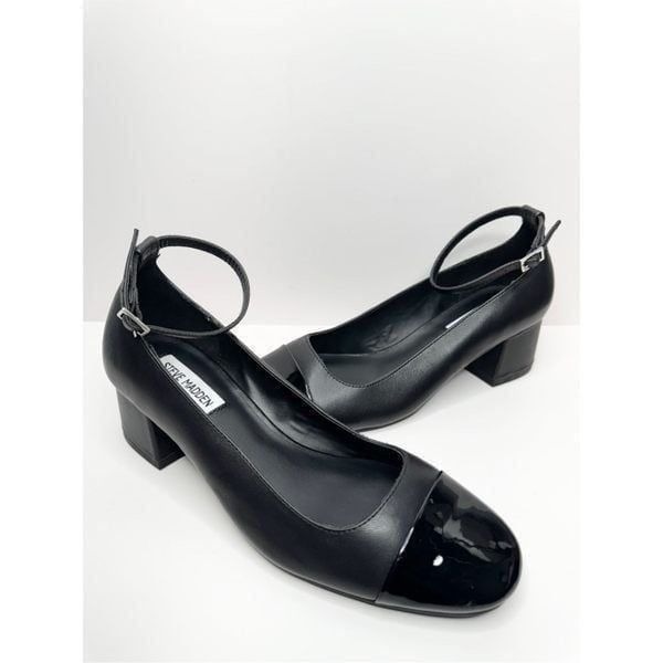Steve Madden Eli Black Leather Mid Block Heel Ankle Strap Pump Size 8.5