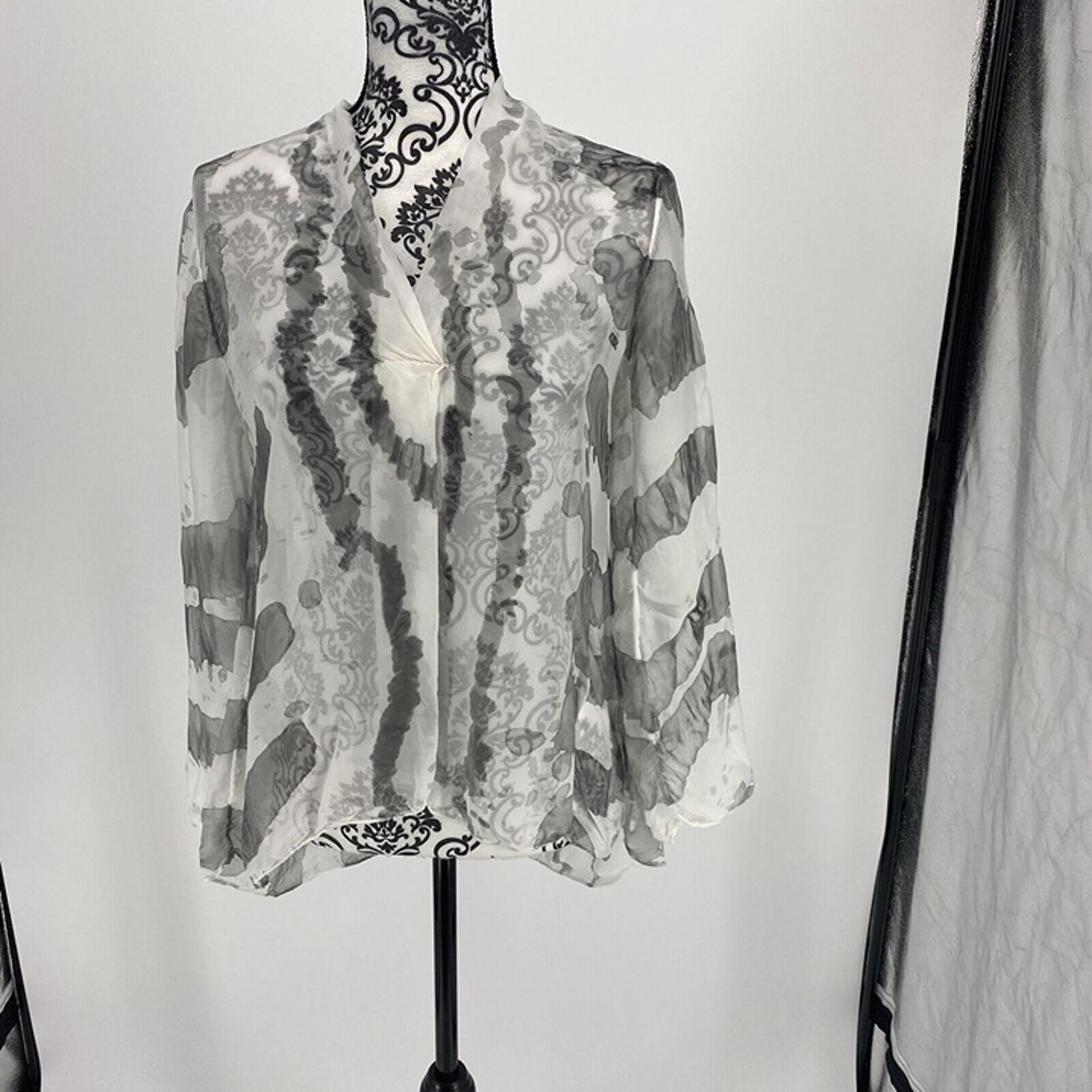 Belle France White Gray Sheer Silk Blend Sheer Cover Up. Roll Tab Sleeves. Sz M