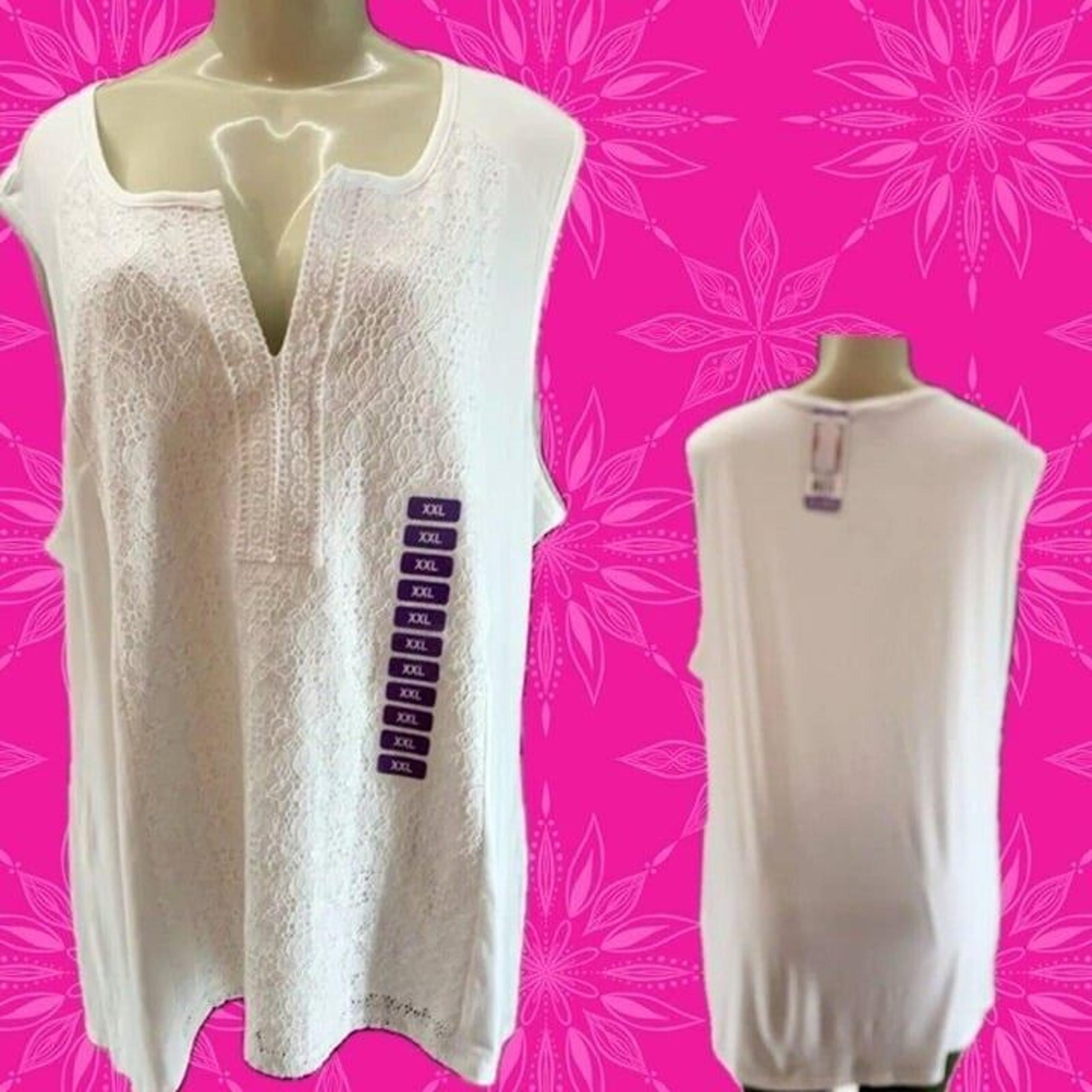 RXB XXL White Lace Split Neckline Rayon Blend Step-Hem Sleeveless Top