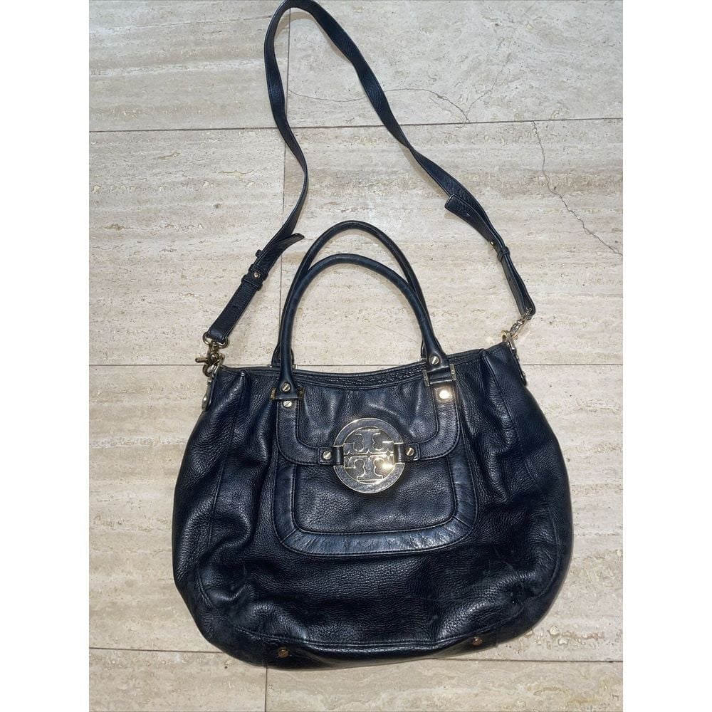 Tory Burch Amanda Hobo Black Pebbled Leather Handbag Satchel Shoulder Messenger