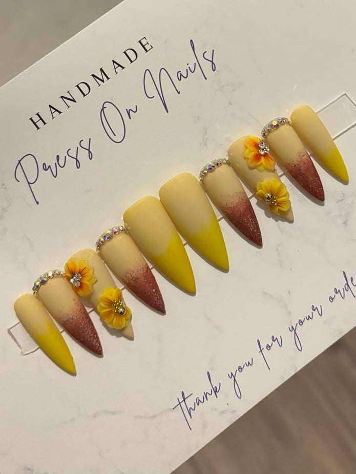 Long stiletto yellow ombré glitter rhinestones acrylic flowers matte handmade