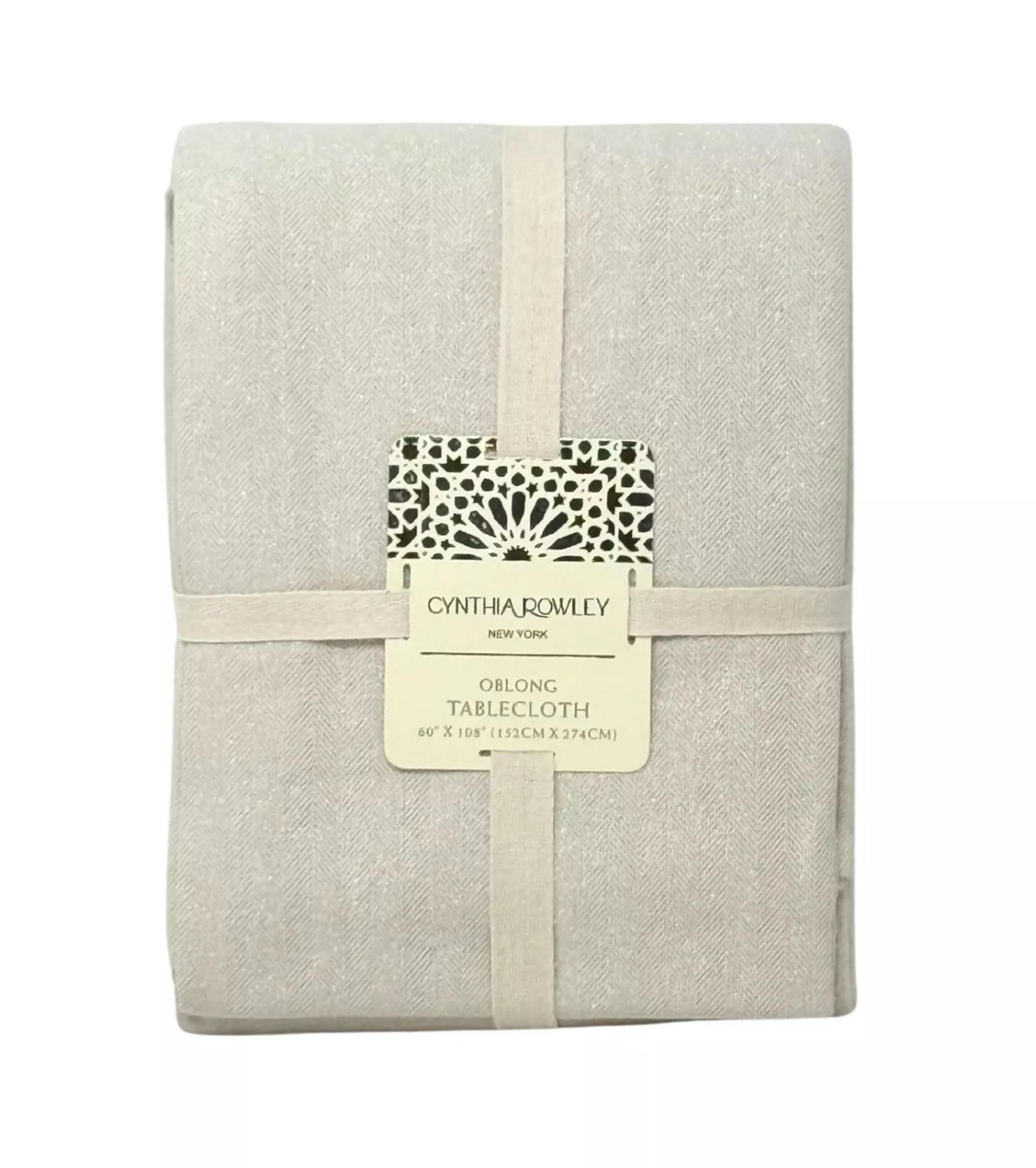 CYNTHIA ROWLEY 60 x 108" Holiday Beige & Silver Cotton Blend Designer Tablecloth