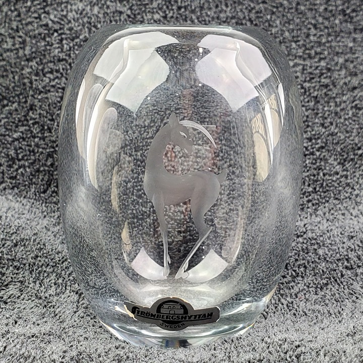 Strombergshyttan Swedish Vintage Deer Crystal Glass Small Vase Style 4 Tall