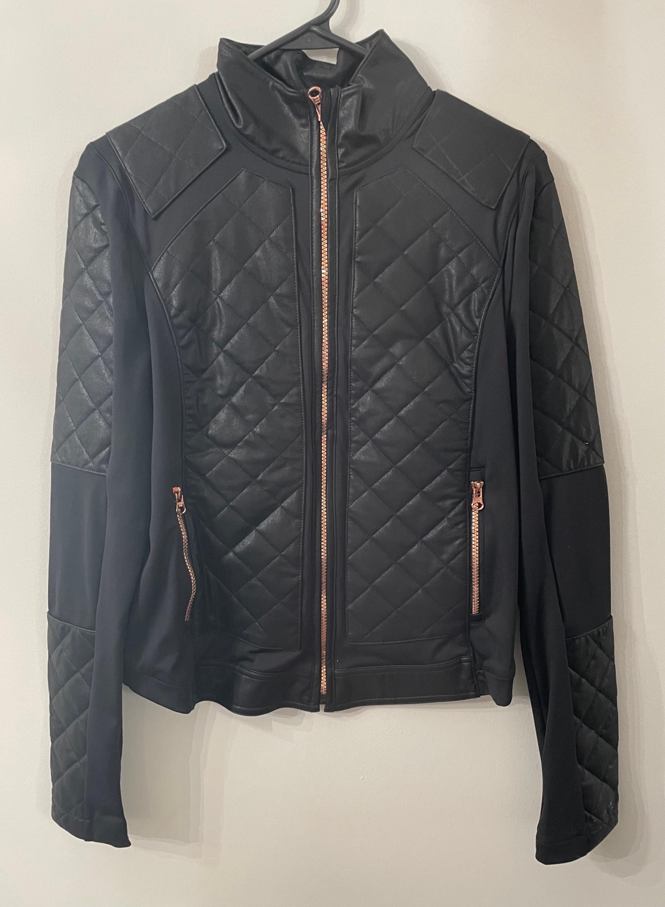 Victoria Secret Black Quilted Faux Leather Jacket Rose Gold Zippers Size S - Victoria's Secret