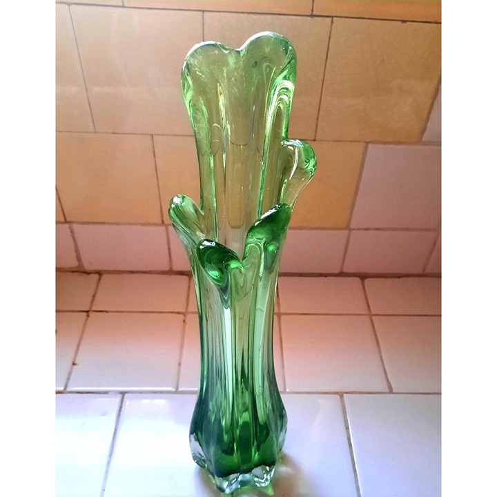 Vintage MCM Vase Green Swung 6 Finger Vase Green Glass Cased Glass Bottom 13