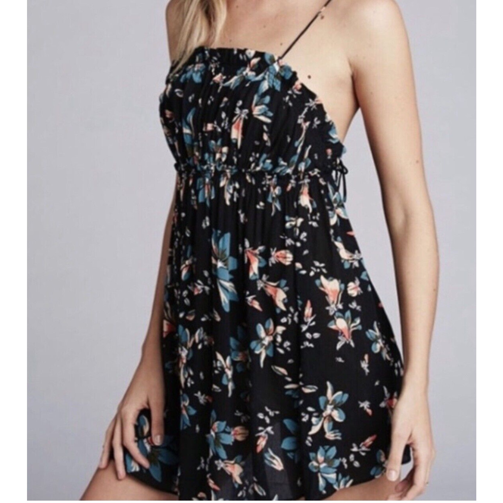 Intimately Free People Size Large Jolene Mini Slip dress Black Floral NWT