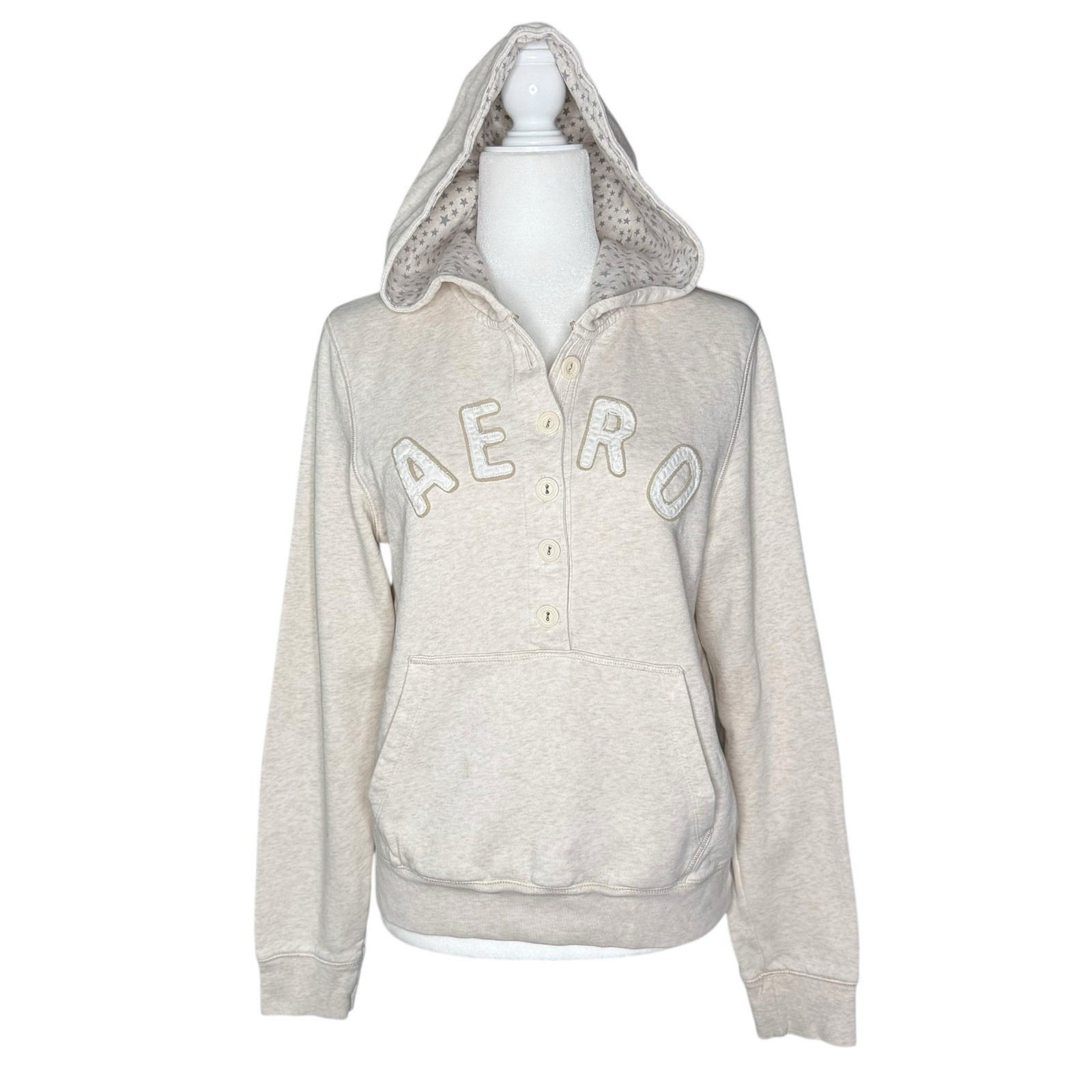 Y2K Aeropostale XL Spell Out Hoodie Sweatshirt Henley Front Juniors Neutral