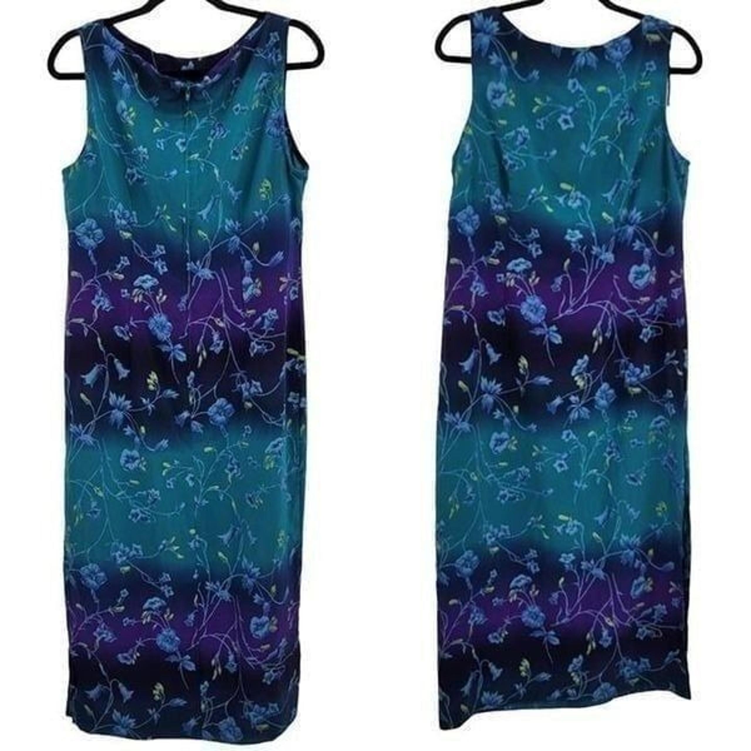 Vintage 80's Sag Harbor Maxi Dress 14 Teal Purple Ombre Floral Side Slit Resort