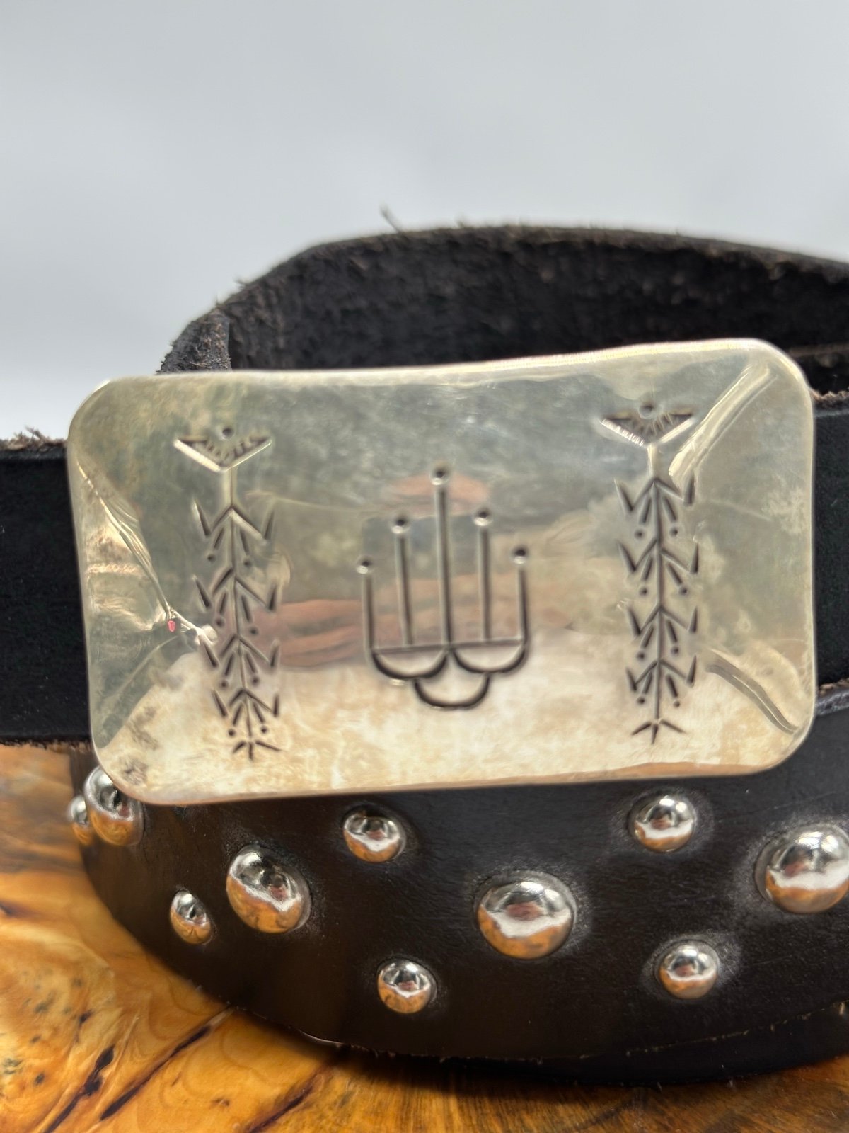 Vintage Navajo Sterling NP Signed BBT Armadillo Stamp Studded Black Leather Belt