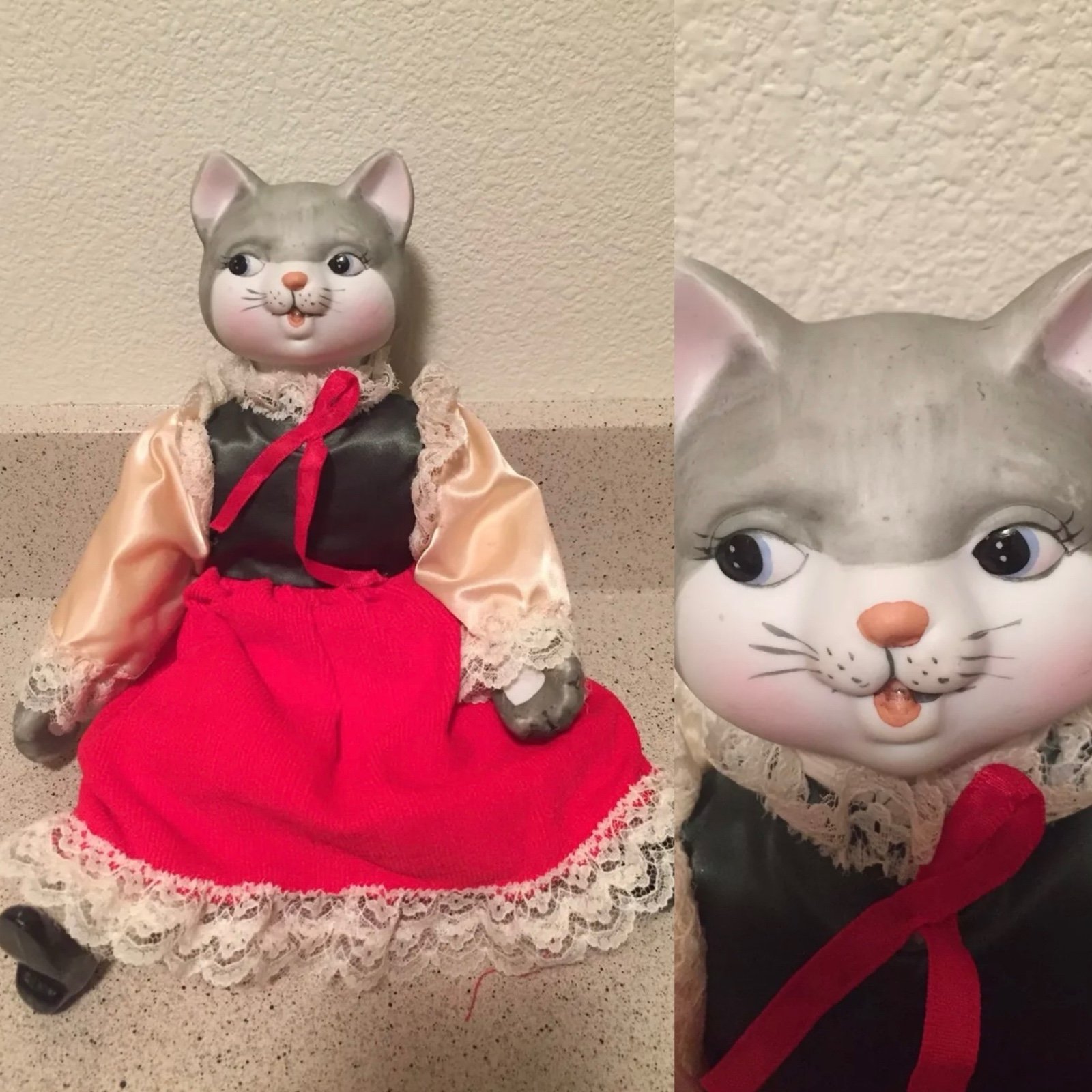 VINTAGE Porcelain Tailored Outfit Music Wind Up CAT Doll Figurine Collectible Other