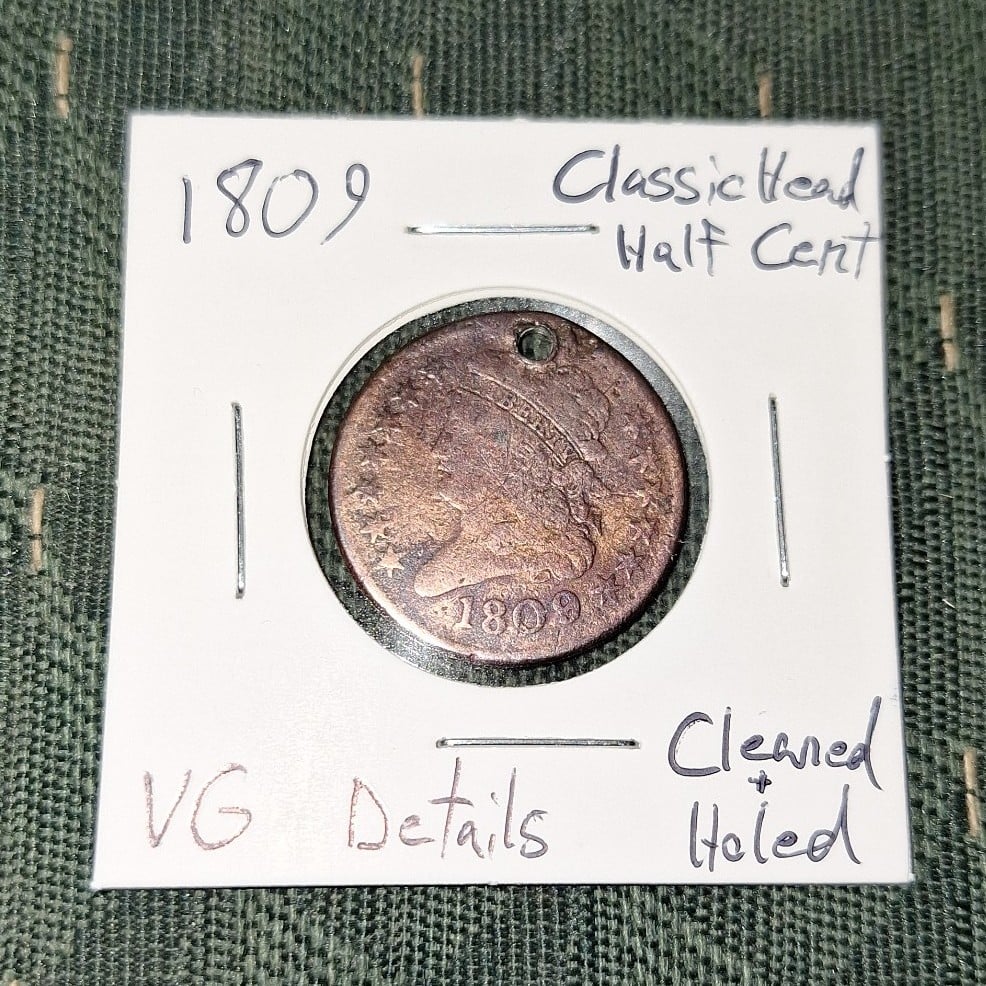 1809 Classic Head Half Cent! Rare Old US Copper Coin! VG Details Holed