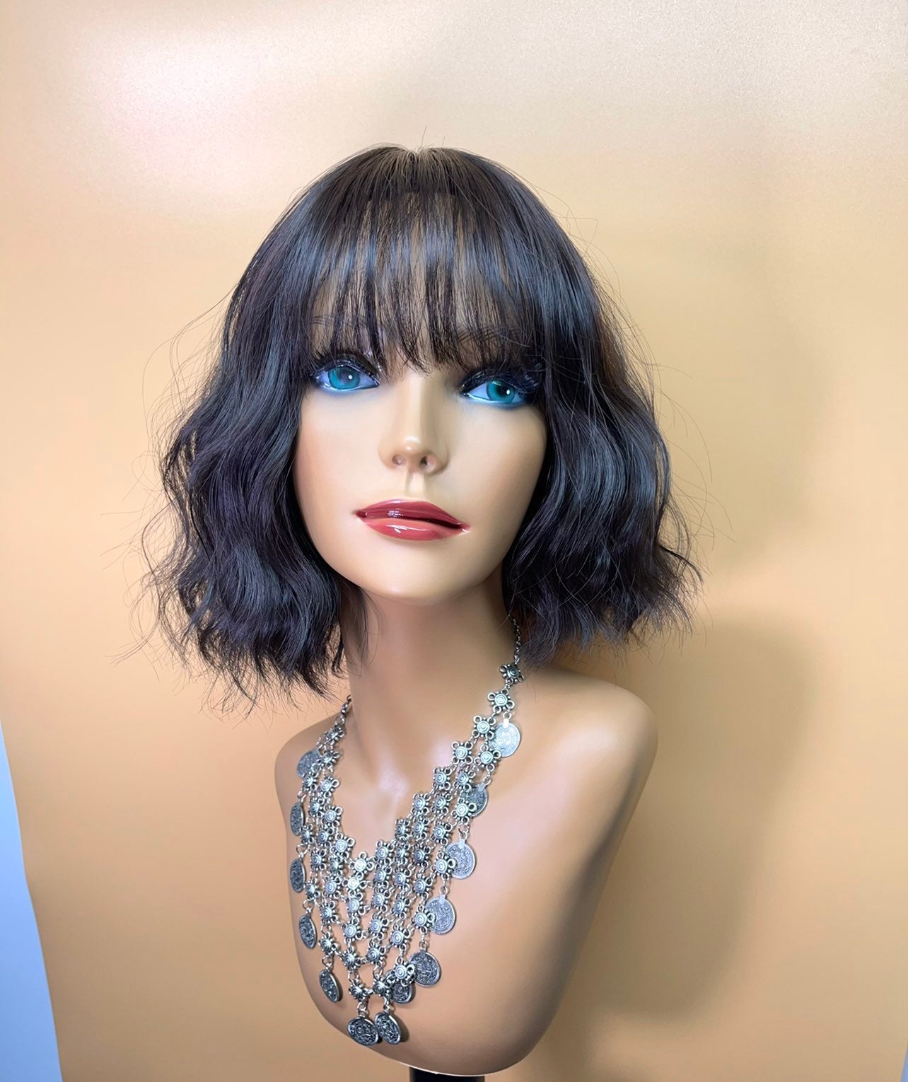14” water wave wispy fringes black wig