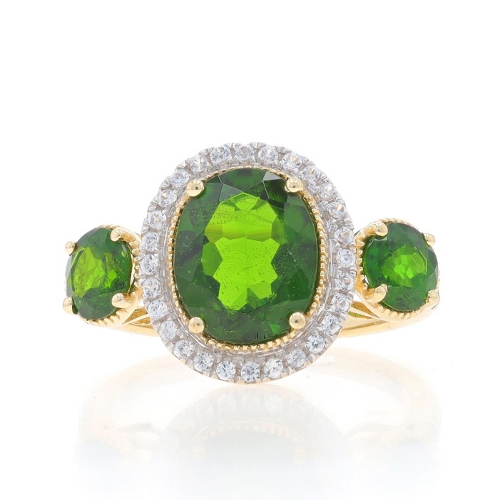 Yellow Gold Chrome Diopside White Topaz Three-Stone Halo Ring - 10k Oval LX0207
