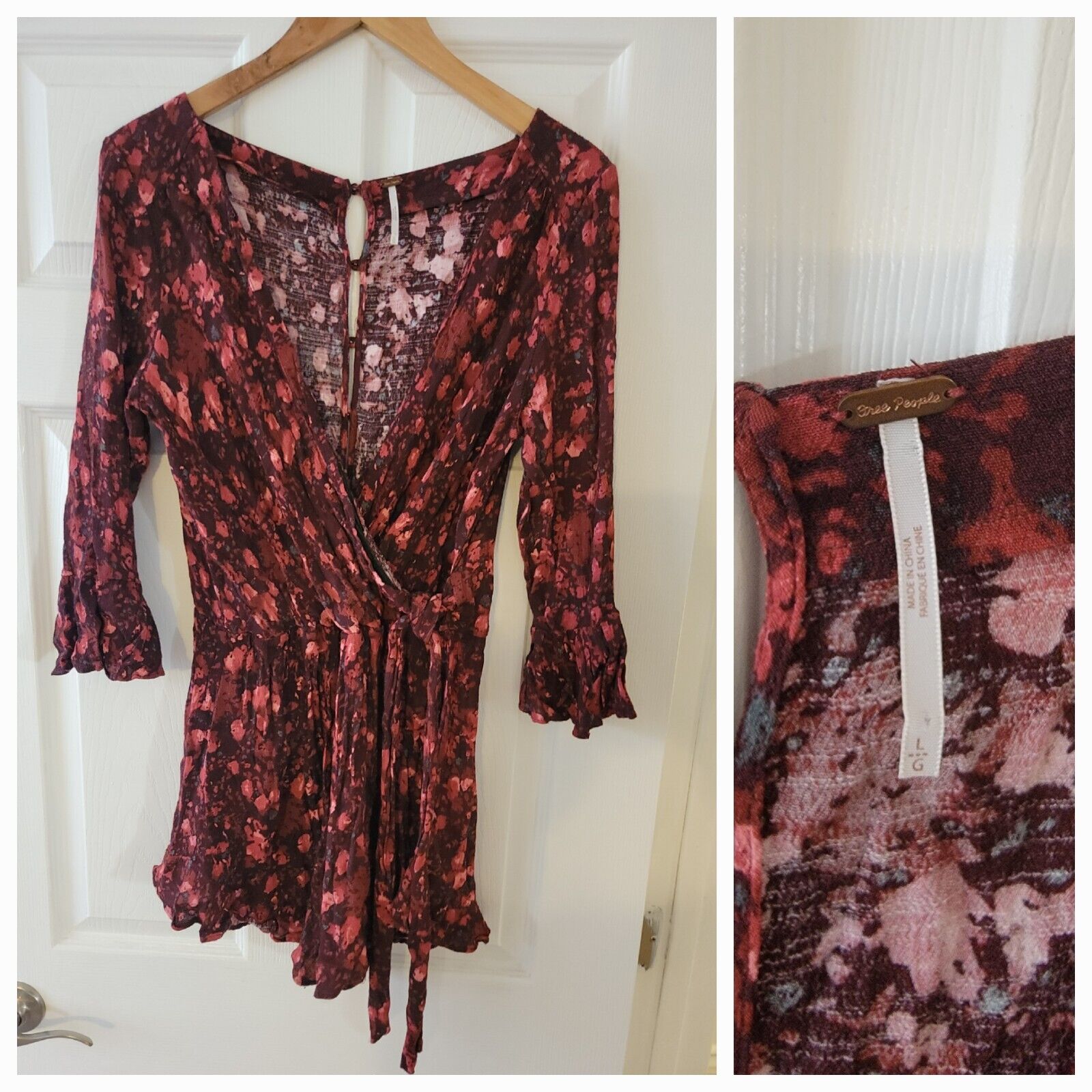 Free People Romper SZ Large All The Right Ruffles Faux Wrap Dark Floral Coquette
