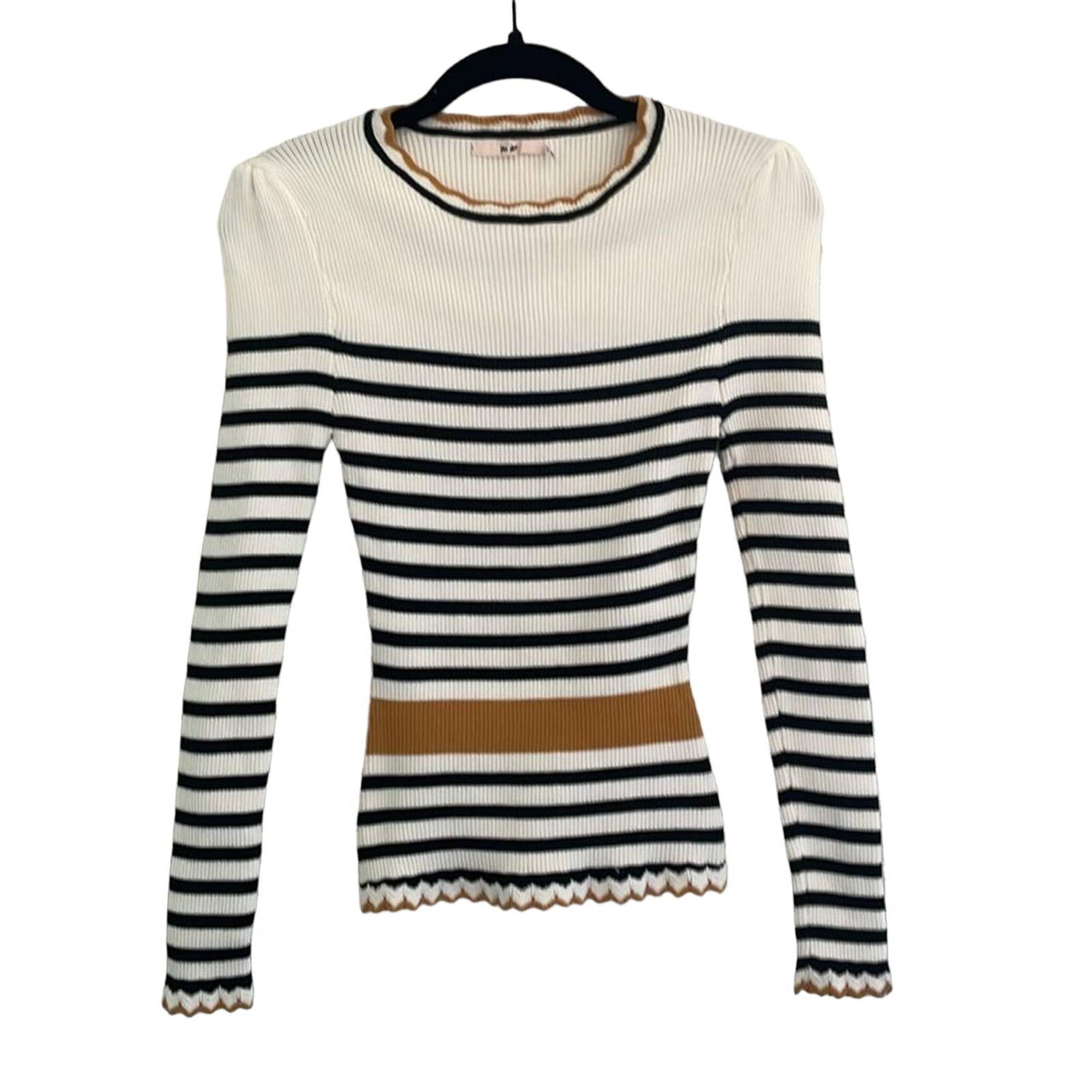 Francesca's Fitted Striped Sweater Scalloped Edges Cream/Black/Mustard Medium