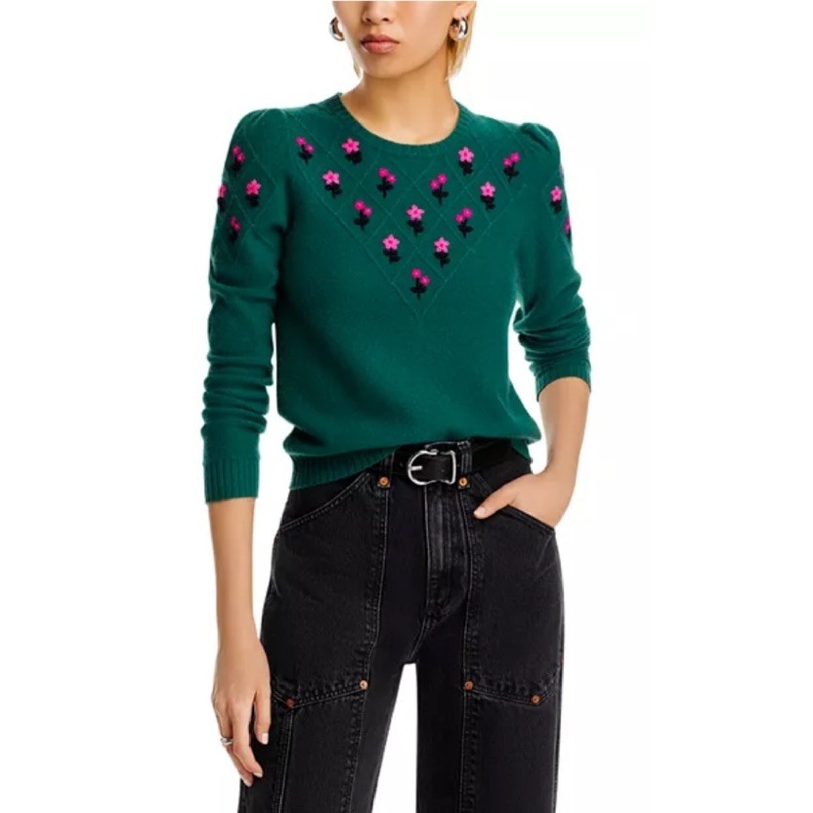 Aqua Cashmere 100% Green Sweater Pink Embroidered Flower Design Women's Size S