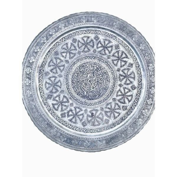 Middle Eastern Engraved Patina Copper Tray 19” Diameter