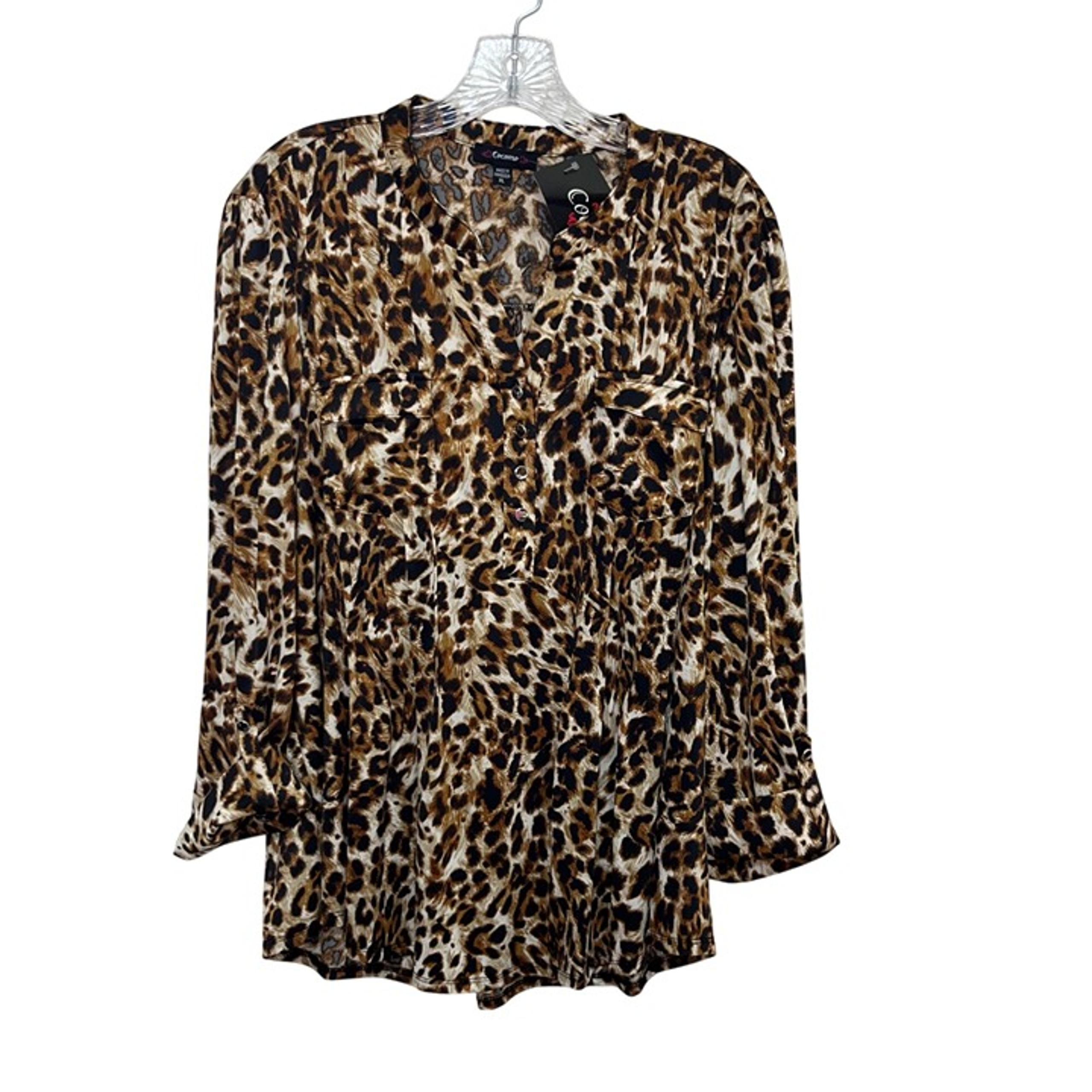 Cocomo Leopard Print Tunic Blouse Shirt Womens XL Brown Black New Long Sleeve