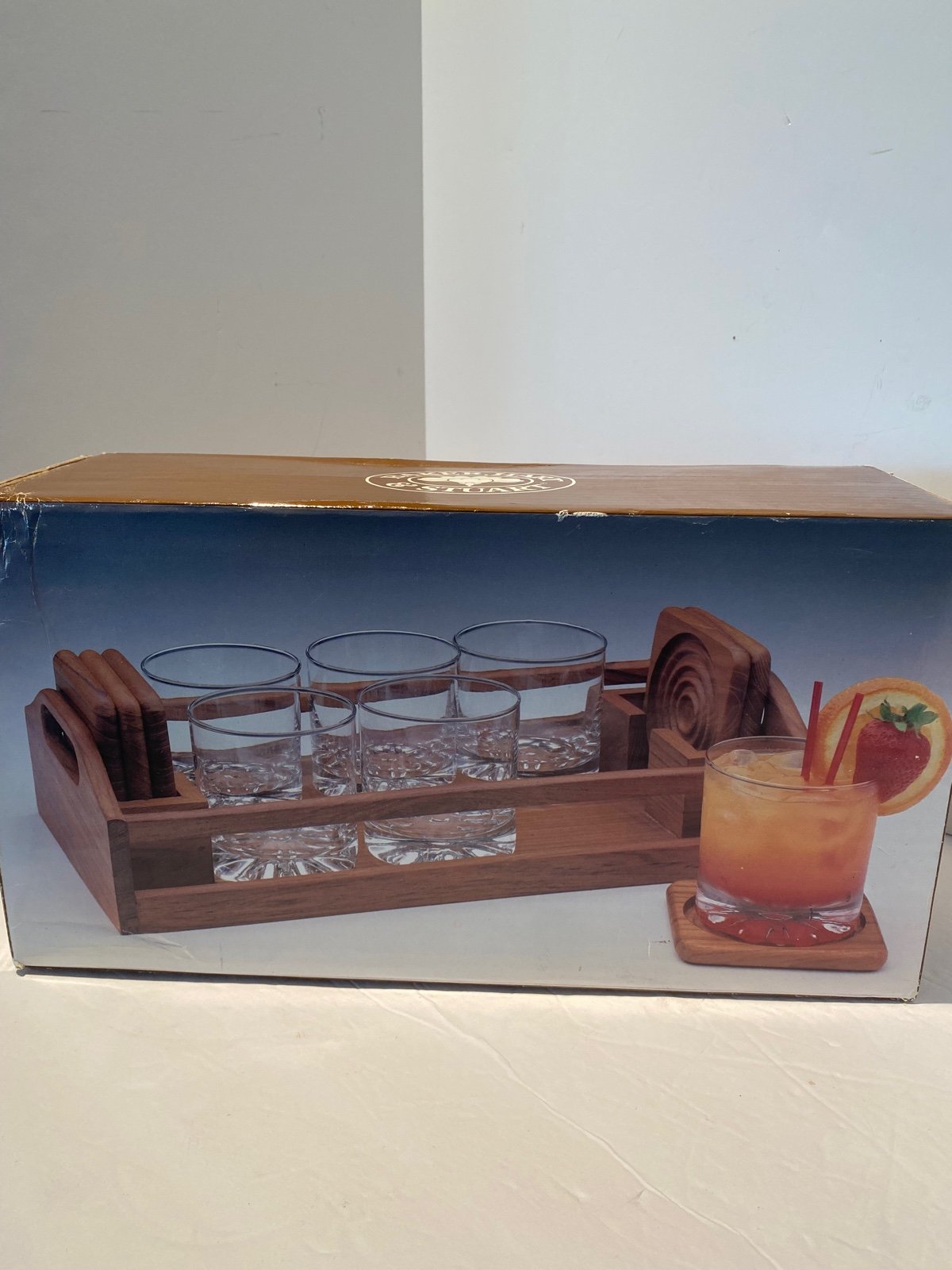 Baker Hart & Stuart 13 piece entertainment set wood tray glasses and coasters