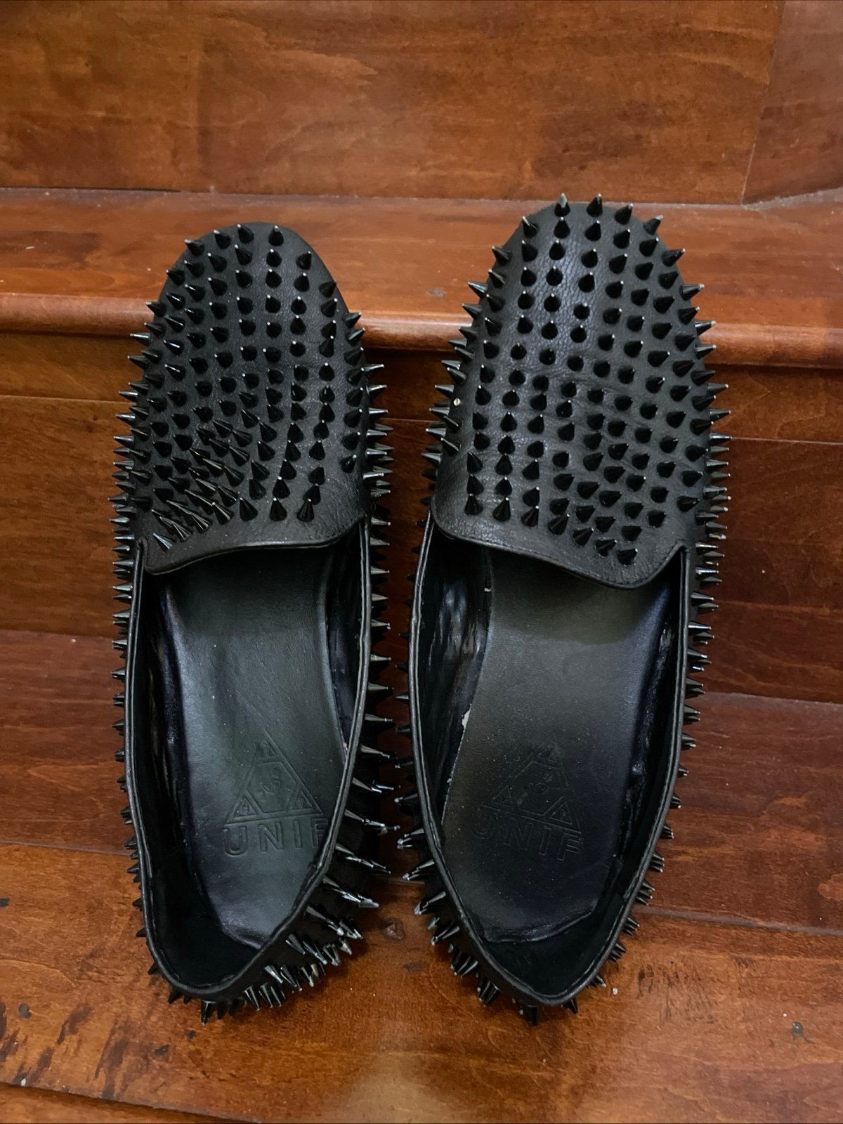UNIF Hellraiser Mens Spiked Black Leather Slipper Loafers Grunge Size 9