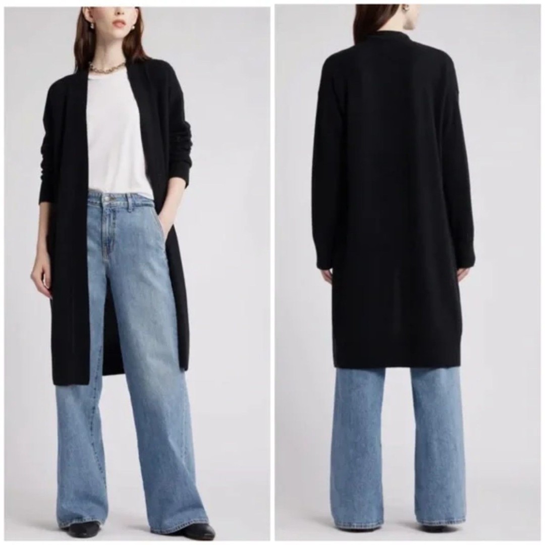 Nordstrom Black Wool Cashmere Long Open Front Cardigan Pockets Size XS